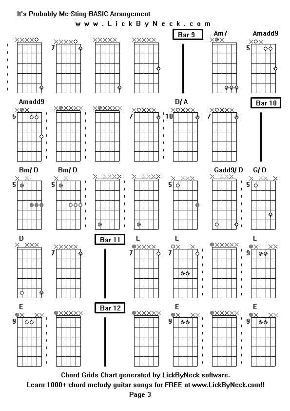 Chord Grids Chart of chord melody fingerstyle guitar song-It's Probably Me-Sting-BASIC Arrangement,generated by LickByNeck software.